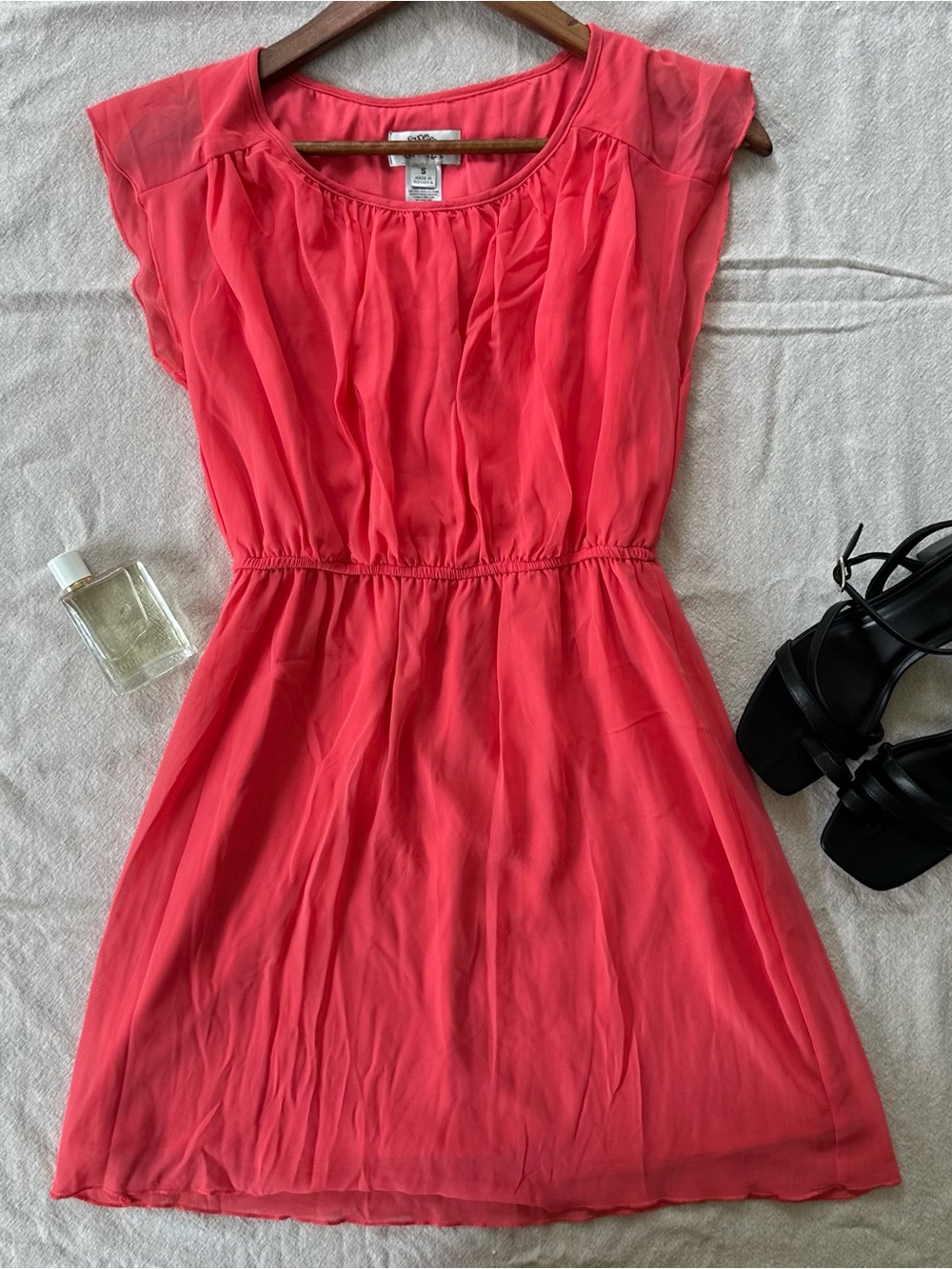 Sweet Storm Coral Mini Gathered Scoop Neck Flowy Lined Summer Sun Dress